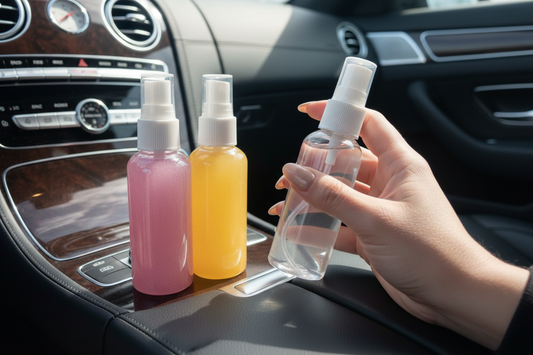 Three small spray bottles with different colored liquids on a car dashboard.