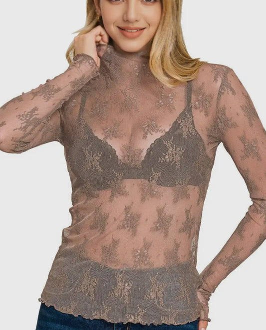 Missy Sheer Lace Layering Top - Mocha