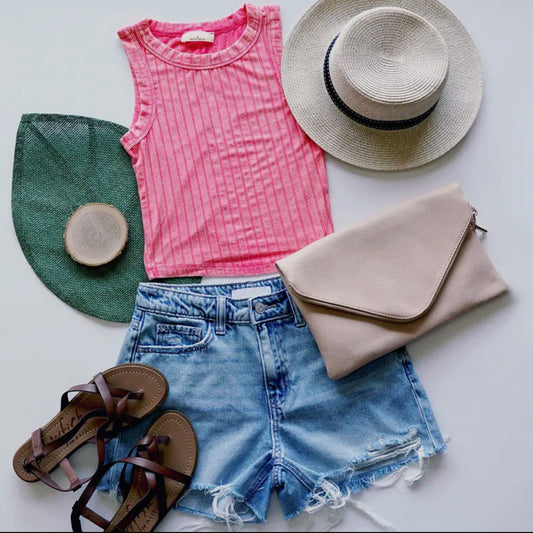 Mia Ribbed Cropped Tank - Hot Pink