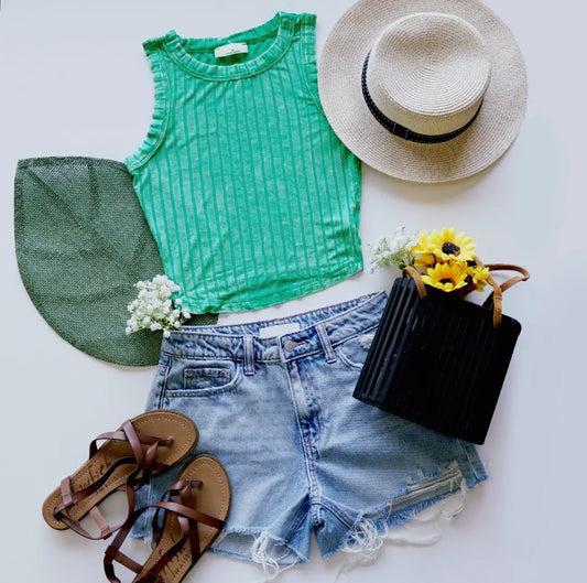 Mia Ribbed Cropped Tank - Kelly Green